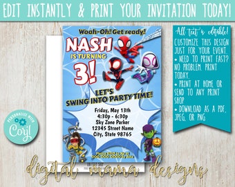 INSTANT ACCESS - Spidey Birthday Invitation - Spider Man Birthday - Spidey & Friends Birthday Party Invite - Customize on Corjl