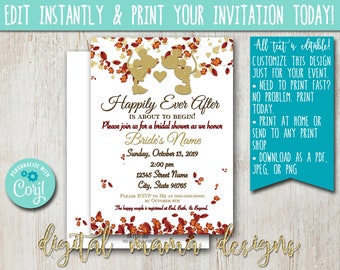 INSTANT ACCESS - Mickey Minnie Fall Bridal Shower Invitation - Minnie Mouse Fall Shower - Autumn Bridal Shower - Customize on Corjl