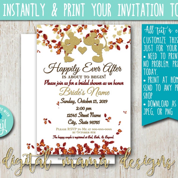 INSTANT ACCESS - Mickey Minnie Fall Bridal Shower Invitation - Minnie Mouse Fall Shower - Autumn Bridal Shower - Customize on Corjl