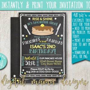 INSTANT ACCESS - Pancakes & PJs Party Birthday Invitation - Breakfast Birthday Party - Waffle Brunch Birthday Invite - Customize on Corjl