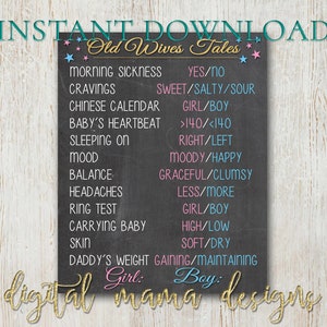 INSTANT DOWNLOAD - Old Wives Tales Gender Reveal Poster - Baby Gender Reveal Poster - Old Wives Tales Gender Predictions - Digital Download