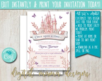 INSTANT ACCESS - Royal Princess Birthday Invitation - Once Upon a Time Party - Castle Princess Birthday Invite - Customize on Corjl