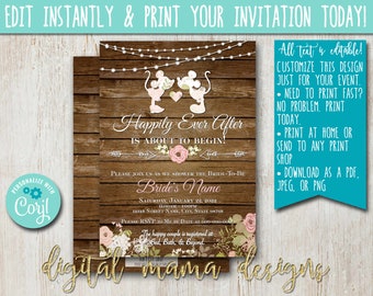 INSTANT ACCESS - Mickey Minnie Rustic Floral Bridal Shower Invitation - Farmhouse Shower Invitation Bridal - Customize on Corjl