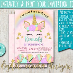 INSTANT ACCESS - Magical Unicorn Birthday Invitation - Unicorn Birthday Invite - Princess Unicorn Mermaid Party Invite - Customize on Corjl