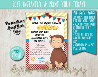 INSTANT ACCESS - Curious George Birthday Guest Book Sign - Curious George 1st Birthday - First Birthday Party Invite - Customize on Corjl