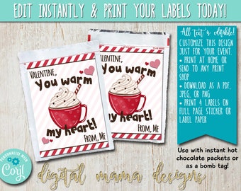 PRINTABLE - Warm My Heart Valentine's Day Hot Chocolate Label - Valentine's Day Hot Cocoa Tag - diy Valentines Drink Pouch Printable