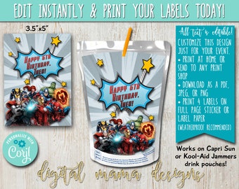 EDIT YOURSELF - Avengers Birthday Capri Sun Drink Pouch Label - Superhero Avengers Party Jammers Label - Boy Party Invitation