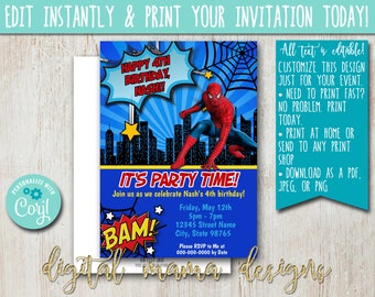 INSTANT ACCESS - Spiderman Birthday Invitation - Marvel Spiderman Party - Spiderman Spidey Birthday Invite - Customize on Corjl