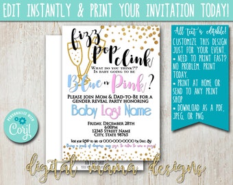 INSTANT ACCESS - Gold Glitter Gender Reveal Invitation - New Years Cheers Gender Reveal Invite - Champagne New Year Baby Shower Invitation