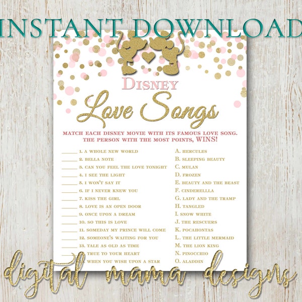 INSTANT DOWNLOAD - Bridal Shower Love Songs Game - Minnie Mickey Bride Bridal Shower Game - Minnie Mickey Bridal - Digital Download