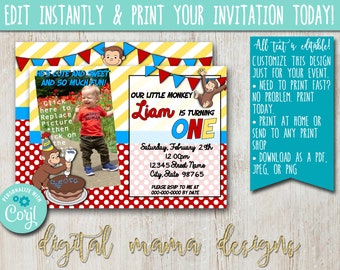 INSTANT ACCESS - Curious George Birthday Invitation - Curious George 1st Birthday -Monkey First Birthday Party Invite - Customize on Corjl