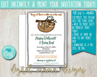 EDIT YOURSELF - Sloth Baby Shower Invitation - Sloth Baby Sprinkle Party - Jungle Baby Animals Party Invitation - Customize on Corjl