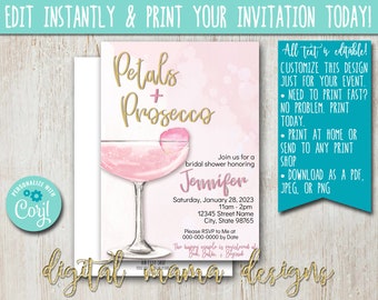 EDIT YOURSELF - Petals + Prosecco Bridal Shower Invitation - Champagne Bridal Shower Invitation - Rose Bridal Shower Invitation - Corjl
