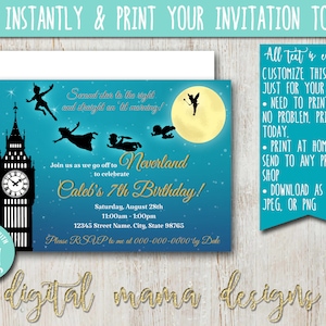 May include: An editable Peter Pan themed birthday invitation with a blue and teal background. The invitation features silhouettes of Peter Pan, Tinkerbell, and Captain Hook flying over a moon. The text reads "Join us as we go off to Neverland to celebrate Caleb's 7th Birthday!" with a date and time. The invitation also includes a clock tower and the text "Second star to the right and straight on till morning!"