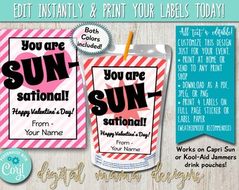 EDIT YOURSELF - PRINTABLE Valentine's Day CapriSun Label - Valentine's Day Kool Aid Jammers Tag - Class Valentines Drink Pouch Printable