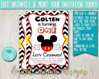 EDIT YOURSELF - Mickey Mouse 1st 2nd Birthday Party Invitation - Mickey Mouse Boy Two-dooles Birthday Party - Digital Download on Corjl