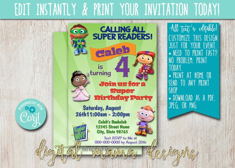 INSTANT ACCESS SuperWhy Birthday Invitation Super Why Party Birthday Classroom Reading Party Invitation Customize on Corjl image 1