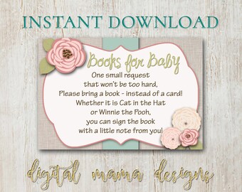 INSTANT DOWNLOAD - Books for Baby Card - Book Request for Baby Shower - Bring a Book Card - Floral Rustic Baby Shower - Digital Download