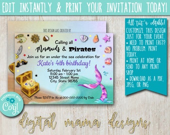 May include: A mermaid and pirate themed invitation design. The invitation features a mermaid tail, treasure chest, and nautical elements. Text includes event details and the phrase "Edit Instantly & Print Your Invitation Today!"