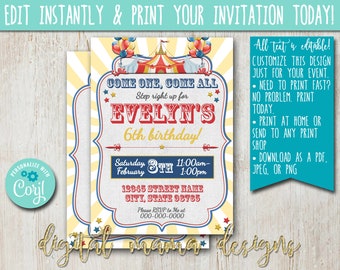 INSTANT ACCESS - Carnival Circus Birthday Invitation - Carnival Balloon Invitation -Circus Clown Balloon Invite - Customize on Corjl