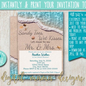 INSTANT ACCESS - Beach Bridal Shower Invitation - Sandy Toes Wet Kisses Beach Invite - Ocean Bridal Shower Invitation - Customize on Corjl