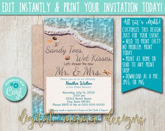 INSTANT ACCESS - Beach Bridal Shower Invitation - Sandy Toes Wet Kisses Beach Invite - Ocean Bridal Shower Invitation - Customize on Corjl