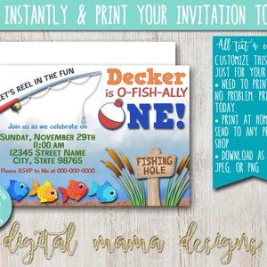 INSTANT ACCESS - O-Fish-ally One Birthday Invitation - Fishing Birthday Invite - Fish First Birthday Party Invite - Customize on Corjl