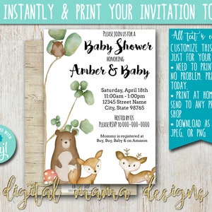 INSTANT ACCESS - Woodland Animals Baby Shower Invitation - Forrest Animal Baby Shower - Rustic Baby Shower Invite - Customize on Corjl