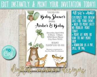 INSTANT ACCESS - Woodland Animals Baby Shower Invitation - Forrest Animal Baby Shower - Rustic Baby Shower Invite - Customize on Corjl
