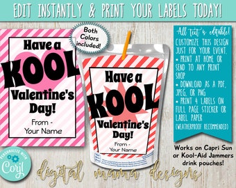 EDIT YOURSELF - PRINTABLE Valentine's Day CapriSun Label - Valentine's Day Kool Aid Jammers Tag - Class Valentines Drink Pouch Printable