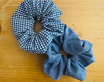 Set of 2 scrunchies, denim scrunchies, hair fashion, blue checkered theme, 90s fashion lover, teachers gift