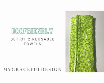 Set of 2 Reusable ecofriendly green fabric towels, multi-use cleaning cloths, pot holders, handmade housewarming gift