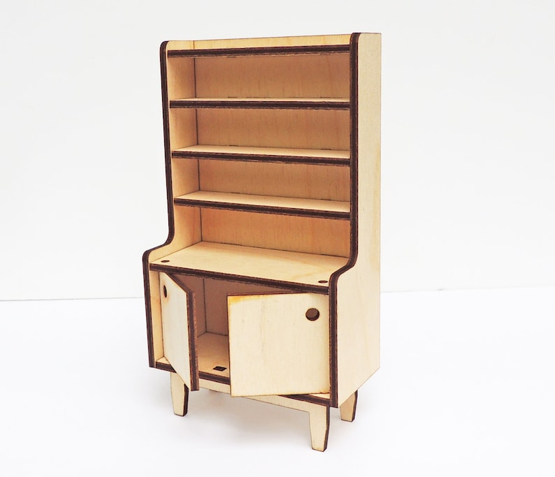 May include: A wooden cabinet with a hutch. The cabinet has two doors and the hutch has four shelves. The cabinet is made of light wood and has a natural finish.