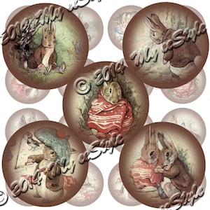 May include: A set of 10 round brown paper coasters featuring illustrations of Peter Rabbit from the children's book by Beatrix Potter. The illustrations include Peter Rabbit wearing a blue jacket, Peter Rabbit hiding in a burrow, and Peter Rabbit with his siblings.