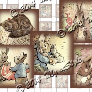 May include: A collection of vintage illustrations featuring Peter Rabbit and other characters from Beatrix Potter's stories. The illustrations are in a watercolour style and feature a variety of scenes, including Peter Rabbit hiding in a garden, Peter Rabbit with his mother, and Peter Rabbit with his siblings.