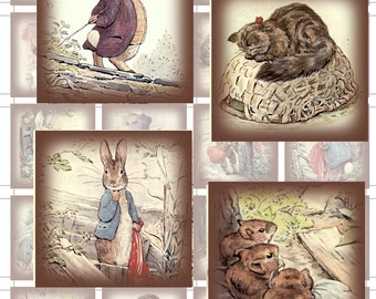 Benjamin Bunny 1.5 inch, 38mm, Squares Printable Digital Collage Sheets - Pendants, Scrapbooking, Mixed Media, Art, Tags, Cards, Jewelry