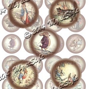 May include: A set of 10 round, brown, paper-like coasters featuring illustrations of Peter Rabbit and other characters from the Beatrix Potter stories. The coasters are decorated with a vintage-style design and have a brown background.