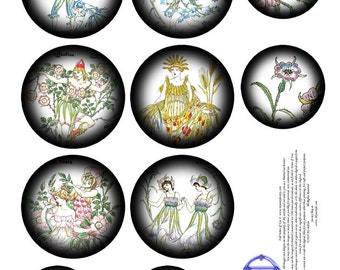 2 Digital Collage Sheets of Flowers From Shakespeare3 2.5in 2in & 1.75 in Circles Printable, Pendants-Scrapbooking-Mixed Media-Art-Tags-Card