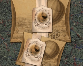 Hot Air Balloon Pillow Box Set - Digital Download - Boxes & Tags - Antique Vintage Shabby Steam Punk - Gift Journaling Tags Labels Scrapbook