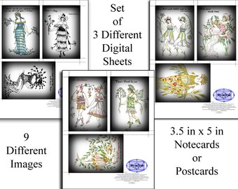 Flowers From Shakespeare-3.5x5 inch Note Cards Digital Collage THREE Sheet SET no3 - Scrapbooking, Altered Art, Decals, Invitations, Labels