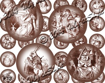 Alice In Wonderland 1 inch, 26mm, Circles Printable, Digital Collage Sheets - Bottle Caps, Pendants, Scrapbooking, Mixed Media, Art, Tags,