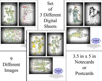 Flowers From Shakespeare-3.5x5 inch Note Cards Digital Collage THREE Sheet SET no 2 - Scrapbooking, Altered Art, Decals, Invitations, Labels