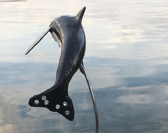 Windsong by dhSeadragon baby boomer orca of the San Juan Islands 3D steel sculpture with sapphires