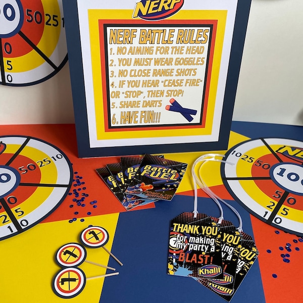 Nerf Targets/ Nerf Rules Sign/ Nerf Cupcake Toppers/ Nerf thank you tags/Nerf Capri sun labels