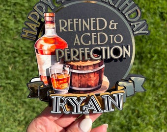 Męska ozdoba na tort urodzinowy: motyw whisky, motyw tequili, opcje złote i srebrne, personalizacja