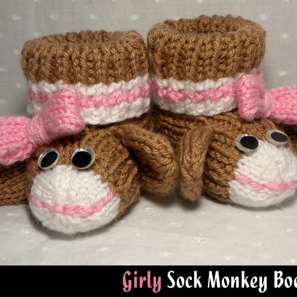 Girly Sock Monkey Baby Booties Knitting Pattern