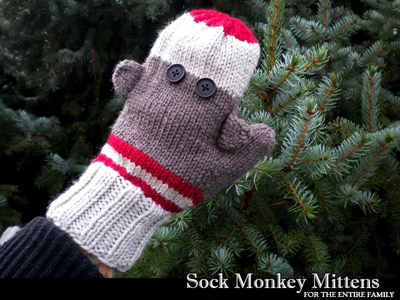Sock Monkey Mittens for the Family Knitting Pattern Etsy