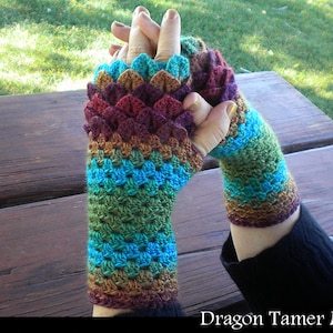 May include: A pair of colourful fingerless gloves with a dragon scale pattern. The gloves are crocheted in shades of brown, green, blue, and red. The gloves are called "Dragon Tamer Mitts".