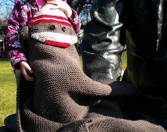 Sock Monkey Hooded Blanket Knitting Pattern