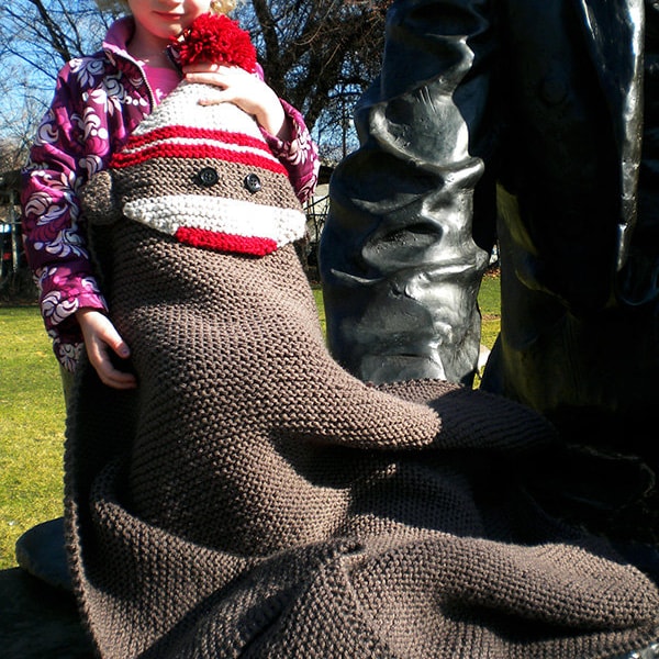 Sock Monkey Hooded Blanket Knitting Pattern